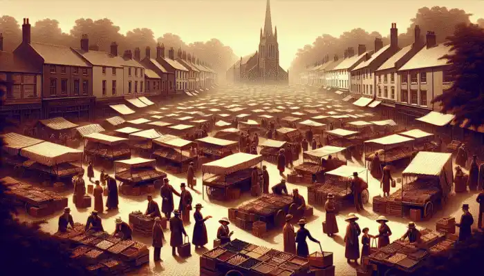 A market scene in High Wycombe showcasing stalls selling vinyl gloves, with diverse shoppers and historic buildings in the background.