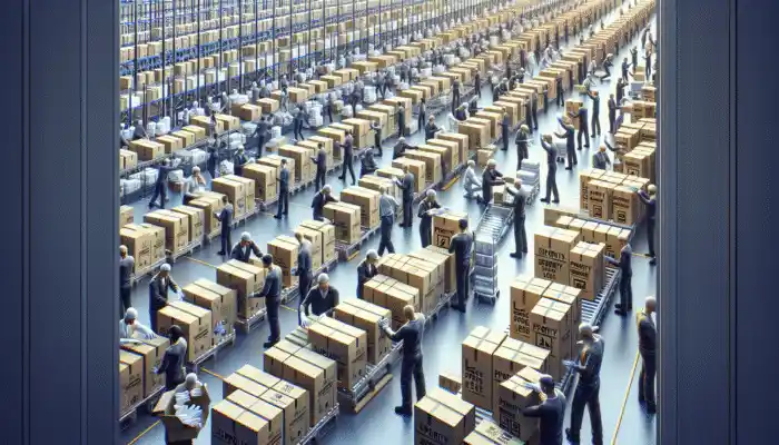 Workers in a High Wycombe warehouse packing and dispatching vinyl gloves for express shipping.