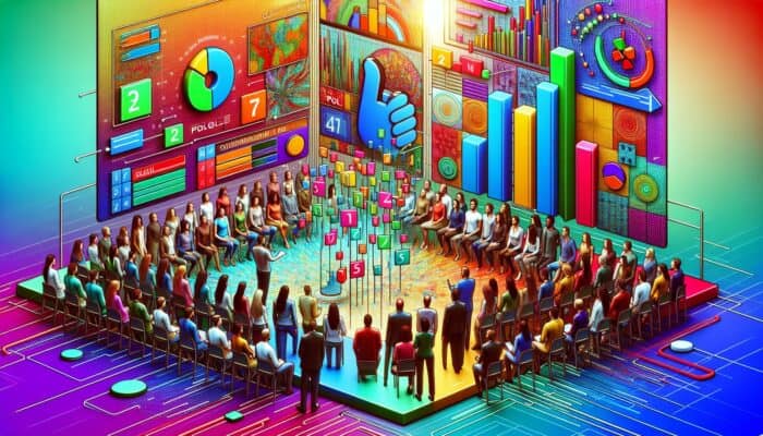 A colorful LinkedIn poll displayed on a vibrant interface, surrounded by diverse professionals engaging with graphs and images.