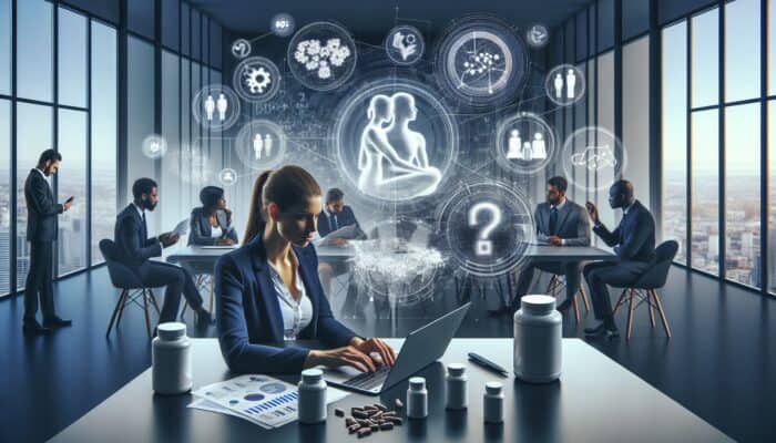 A nutritionist examining LinkedIn poll data on a laptop, with charts, graphs, and professionals collaborating in a modern office.