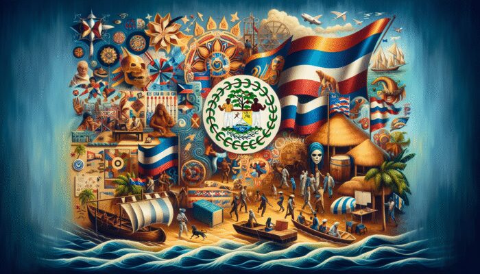 A tapestry illustrating the cultural evolution of Belize, showcasing Creole, Garifuna, and colonial influences that reflect modern identity.