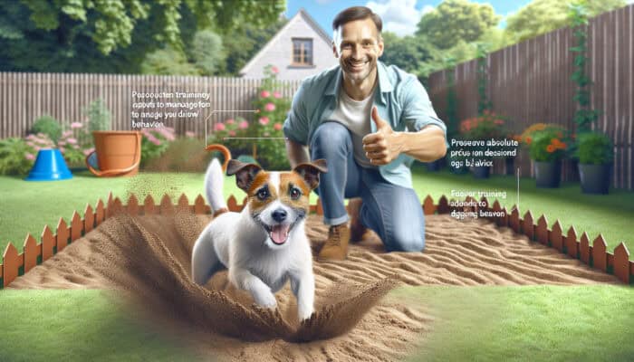 Jack Russell Terrier digging in a designated sand pit with their owner giving a thumbs-up nearby.