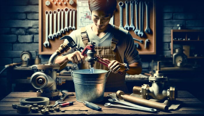 Homeowner carefully removing an old water valve over a bucket in a workshop, with new valve and tools nearby.