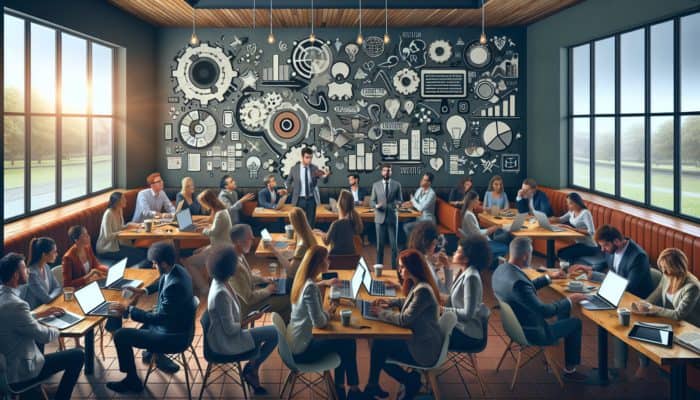 A collaborative digital marketing strategy meeting in a Budleigh Salterton café with small business owners and a marketing consultant.