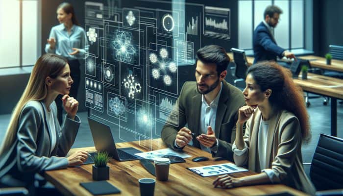 A dedicated small business team analyzing digital marketing data on screens, discussing strategies with a knowledgeable consultant.