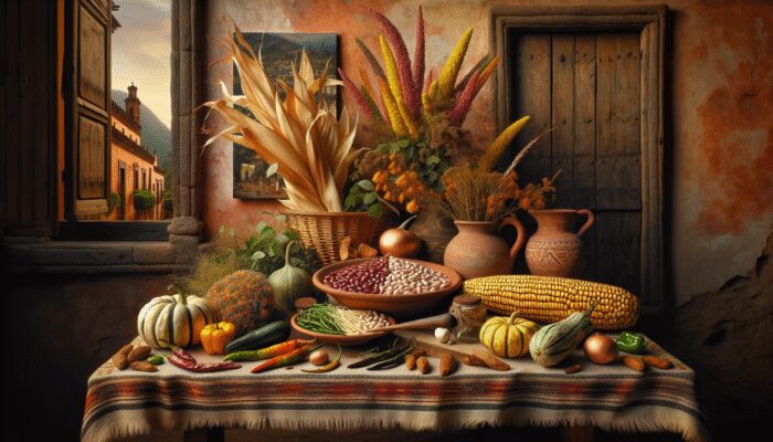 Corn, beans, chiles, and squash displayed on a rustic Mexican table, representing the foundation of San Miguel de Allende's traditional cuisine.