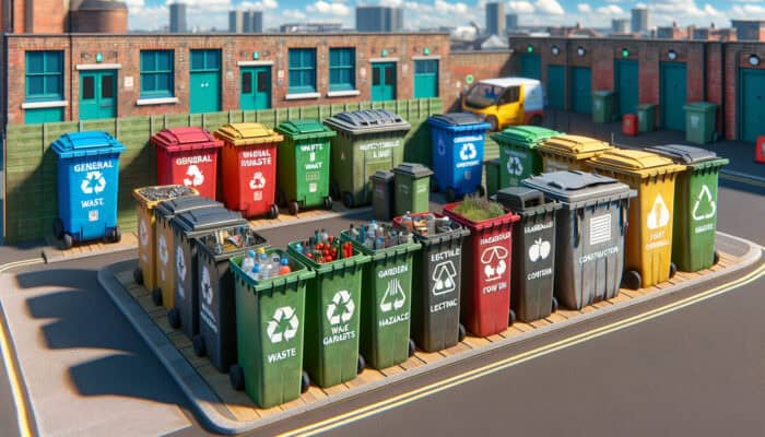 Waste Segregation Tips for House Clearance: Illustration of UK waste segregation bins for different waste types, promoting sustainability and efficient management.