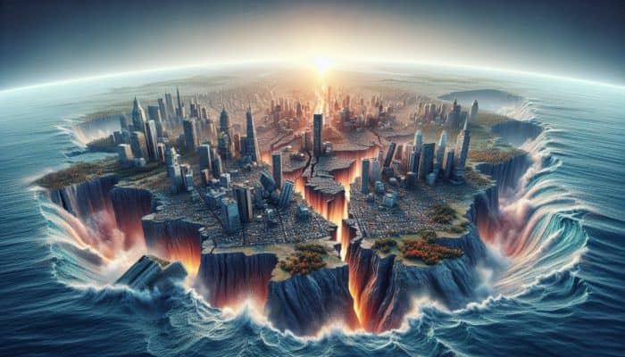 Understanding Earthquake Risks: Tectonic plates colliding and sliding, causing seismic waves and ground shaking in a city along the Pacific Ring of Fire.