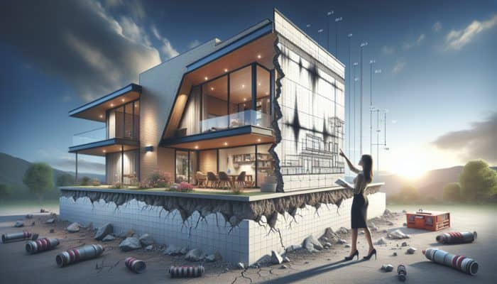 Innovative Earthquake-Proofing: A modern home featuring earthquake-proofing features like base isolators and reinforced walls, highlighted by a safety engineer.