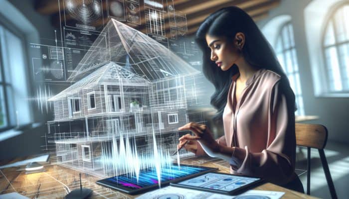 A structural engineer evaluates a home's earthquake vulnerabilities using advanced technology and detailed diagrams.