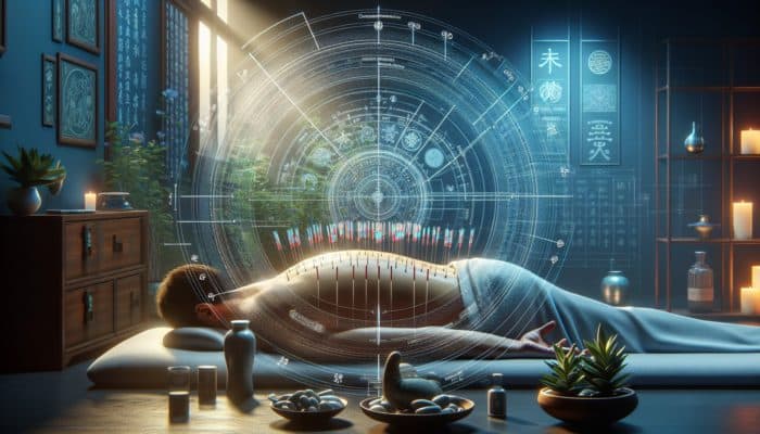 Acupuncture for Postoperative Pain: A tranquil acupuncture session with needles on a patient's back, surrounded by symbols of traditional Chinese medicine.