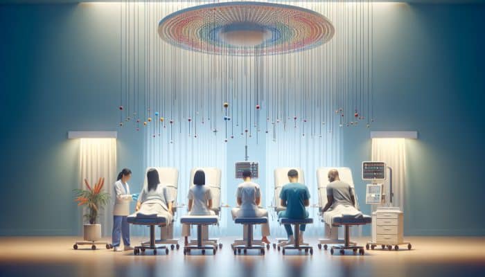 A diverse group of patients receiving acupuncture in a peaceful UK hospital room, part of NHS pain management initiatives.