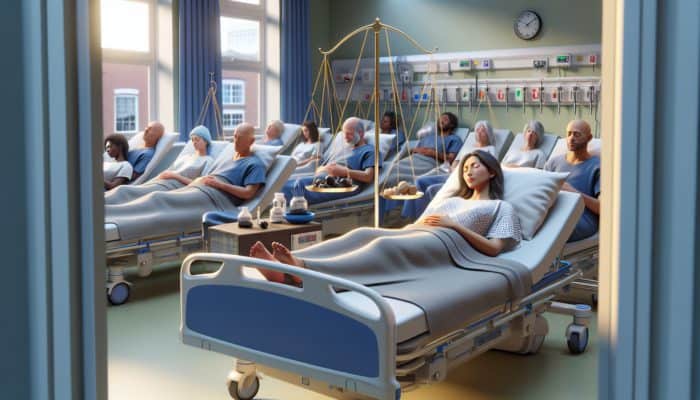 A tranquil UK hospital room featuring diverse post-surgery patients receiving acupuncture, surrounded by evidence of its clinical efficacy.