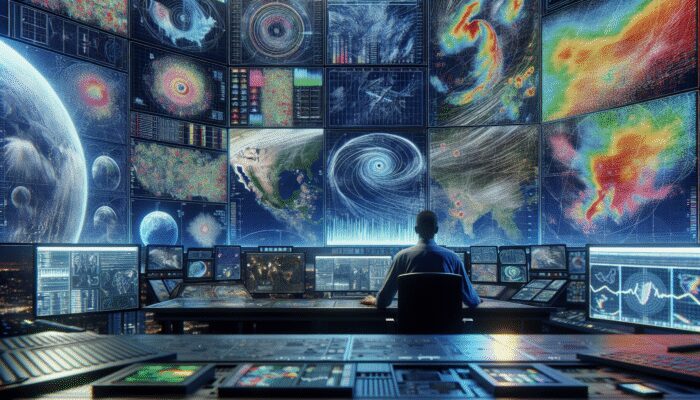 A meteorologist analyzing weather data on multiple screens in a high-tech control room.