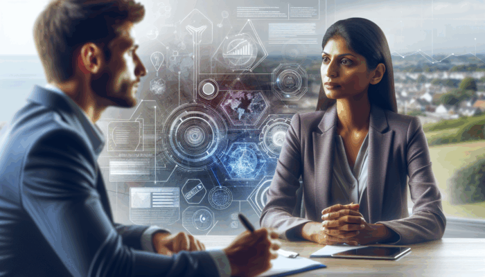 Small business owner in Burnham-on-Sea listening to a digital advertising expert's presentation with tech and coastal visuals.