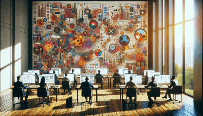 Welcoming office in Chard with small business owners and web development professionals, modern computers, colorful web design posters.