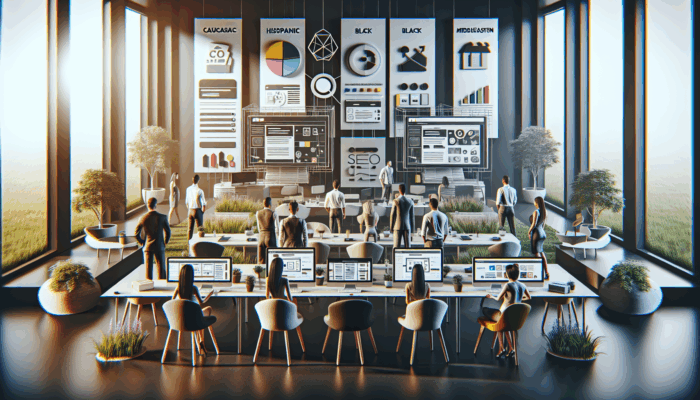 Contemporary web design studio in Chard with responsive mobile layouts and SEO analytics, local business owners collaborating.