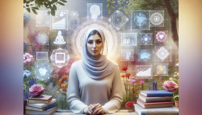 A serene woman in a tranquil garden, surrounded by mental health resources, with a soft glow.