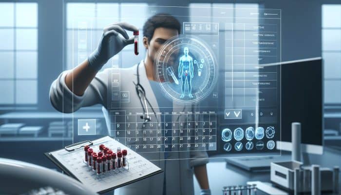Individual in a lab with a testosterone vial, checklist, and calendar, preparing for a blood test.