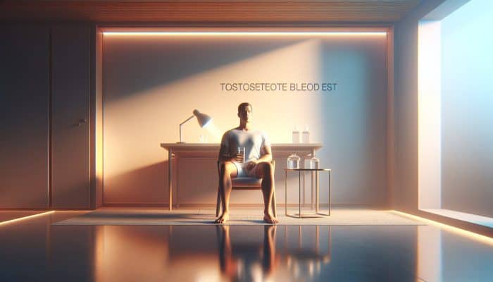 Individual fasting for a testosterone test, calmly drinking water in a serene, minimalist environment.