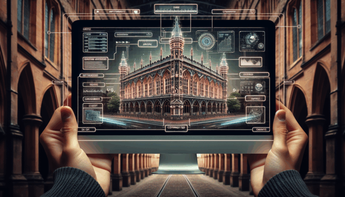 A computer screen showing SEO-optimized web page elements, with Exeter's historic architecture in the background.