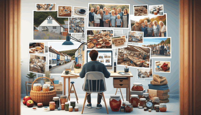 A dedicated small business owner in Beaminster types a blog post on a laptop, surrounded by local products and community photos.