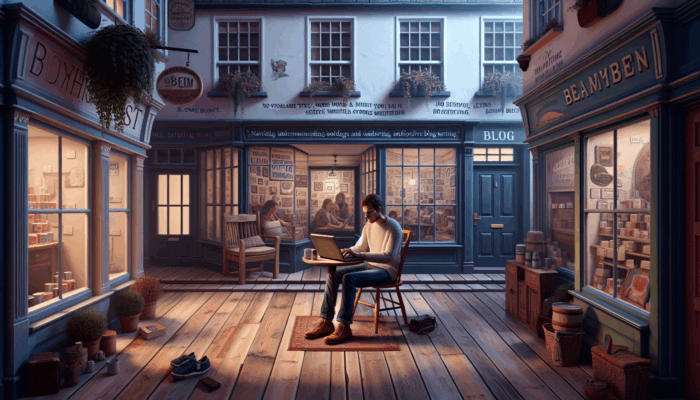 A small business owner in Beaminster reviews a blog on a vintage laptop surrounded by charming shops, gaining valuable writing insights.