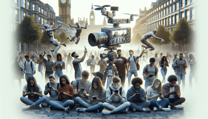 A modern street scene in Beaminster featuring bloggers filming vlogs, with young viewers engaged on smartphones and tablets.