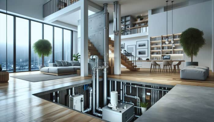 Interior of a modern Port Moody home featuring a sump pump and French drain system efficiently managing water flow.