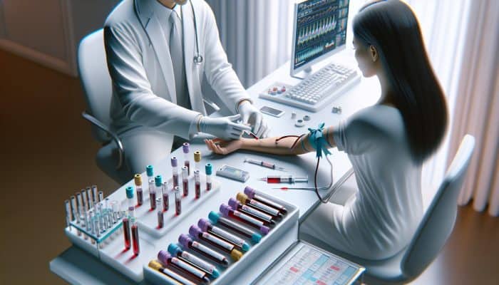 Healthcare professional in a sterile clinic drawing blood from a patient’s arm with a syringe, surrounded by labeled test tubes and equipment for Vitamin B12 testing.