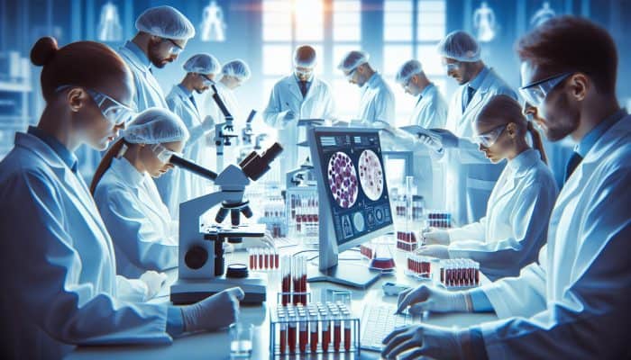 Scientists in a modern Bolton laboratory analyzing Vitamin B12 samples with advanced microscopes and analyzers, ensuring precision and reliability in testing.