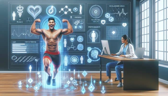 In a modern Blackburn clinic, a smiling patient flexes muscles as a doctor reviews testosterone test results on a screen alongside research charts.