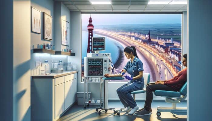 A focused nurse draws blood for a cortisol test in a modern Blackpool clinic with seaside views and medical equipment.