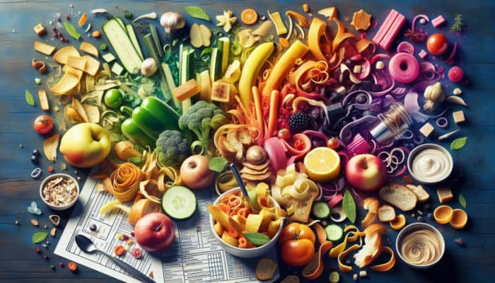 Colorful kitchen scene with food scraps transformed into delicious upcycled dishes.