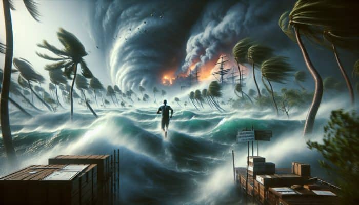 Facing Survival Uncertainty: A resilient individual braves a chaotic Caribbean hurricane with wind-swept palm trees and turbulent waves, as distant Australian wildfires rage under smoky skies.