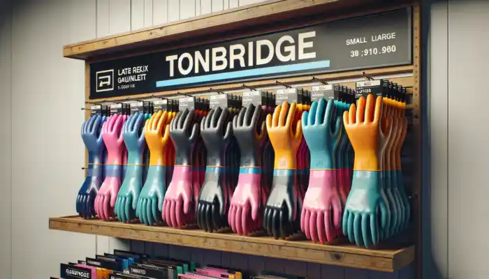A display of latex gauntlet gloves in sizes from small to extra-large, featuring long cuffs and textured grips, in various colors on a Tonbridge shelf.