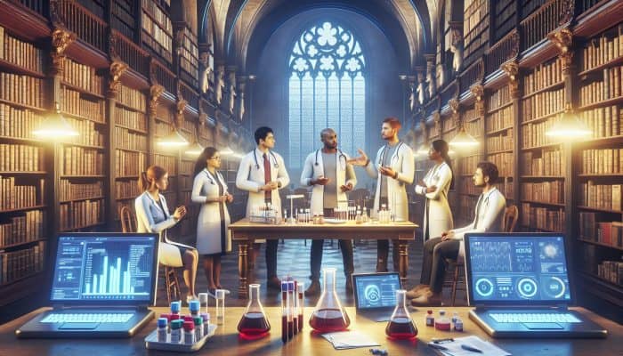 Diverse medical experts in white coats discuss diabetes blood testing in a historic York library with ancient books and modern equipment.